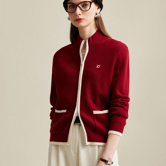 COMOBOCA 100% Cashmere Women's Contrast Trim Dual Zip Pocket Cardigan