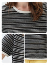 Women’s Round-Neck Linen Blend Dopamine Striped Knit Short Sleeve Top with Contrast Trim