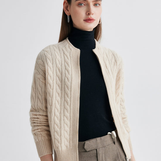 COMOBOCA 100% Cashmere Women's Cable Zip Up Knit Cardigan
