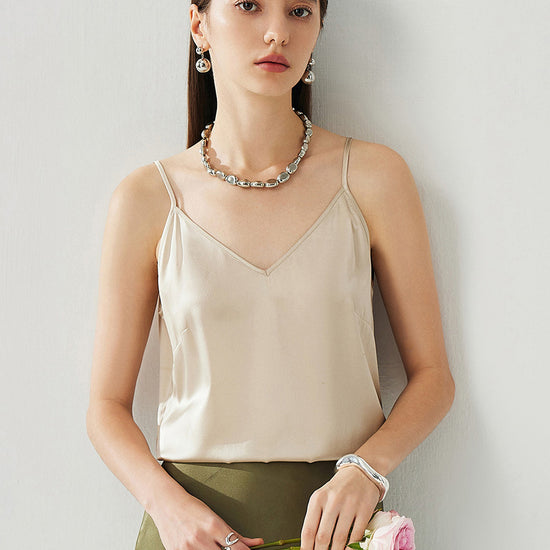 COMOBOCA Apricot Women's Silk Adjustable Straps V-Neck Camisole
