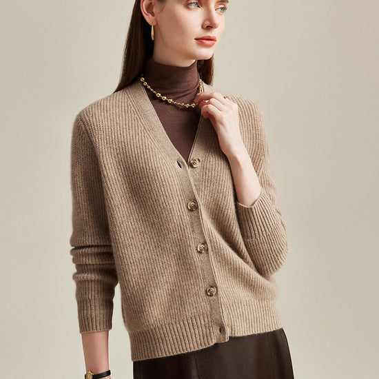 COMOBOCA 100% Cashmere Women's V-Neck Ribbed Button Cardigan