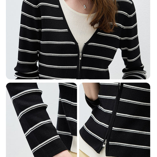 COMOBOCA Women's Striped Ribbed Knit Faux 2-in-1 Zip Cardigan