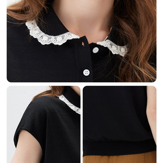 COMOBOCA Women's Lace Trim Collar Knit Polo T-Shirt