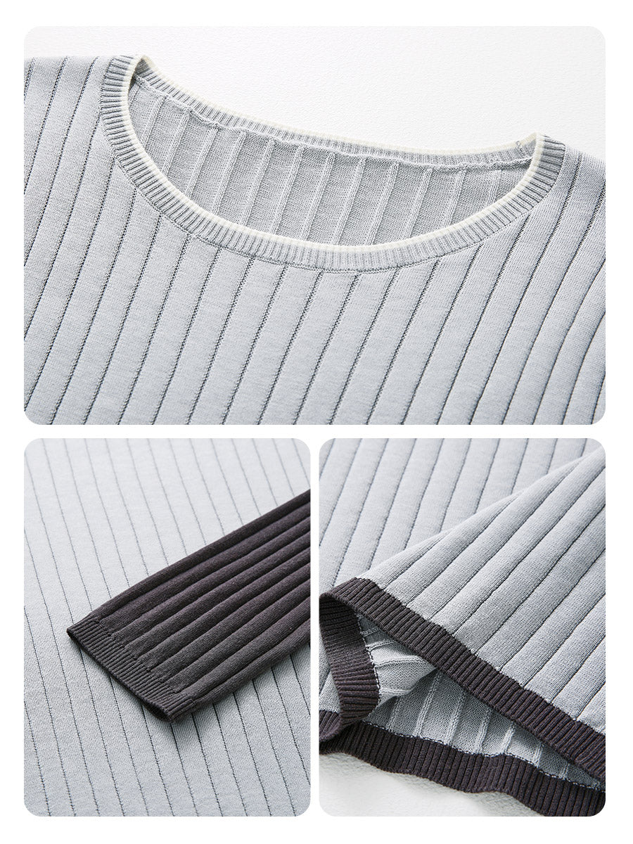 COMOBOCA Women's Ribbed Color Block Round Neck Knit Sweater