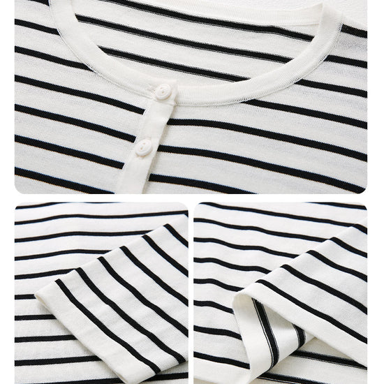 COMOBOCA Women's Striped Henley Button Knit Sweater