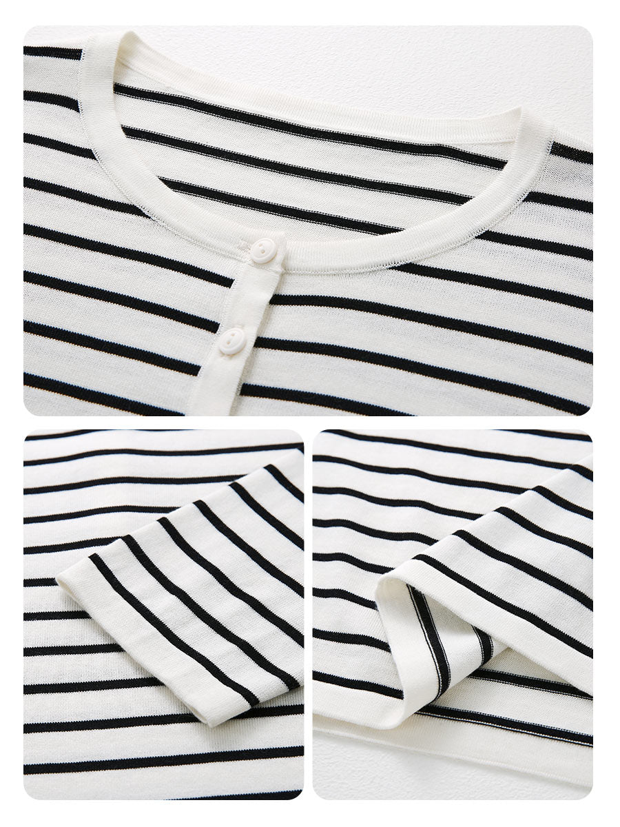 COMOBOCA Women's Striped Henley Button Knit Sweater