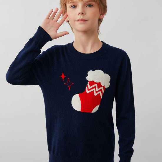 COMOBOCA 100% Wool Kids' Christmas Stocking Round Neck Sweater