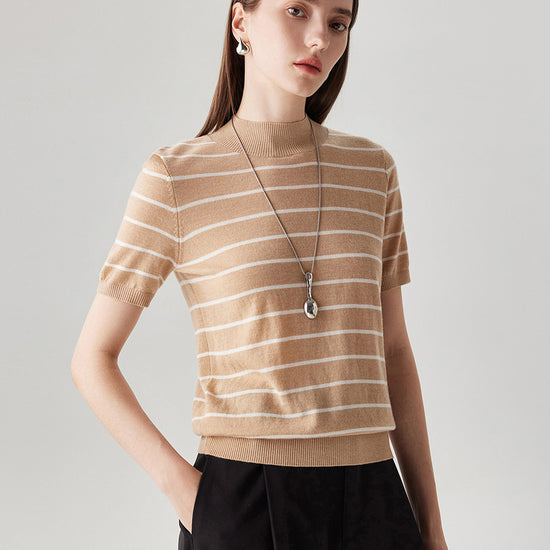 COMOBOCA 100% Wool Women's Mock Neck Striped Ribbed T-Shirt