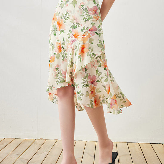 COMOBOCA Peach Blossom 100% Mulberry Silk Women's Floral Ruffle Midi Skirt