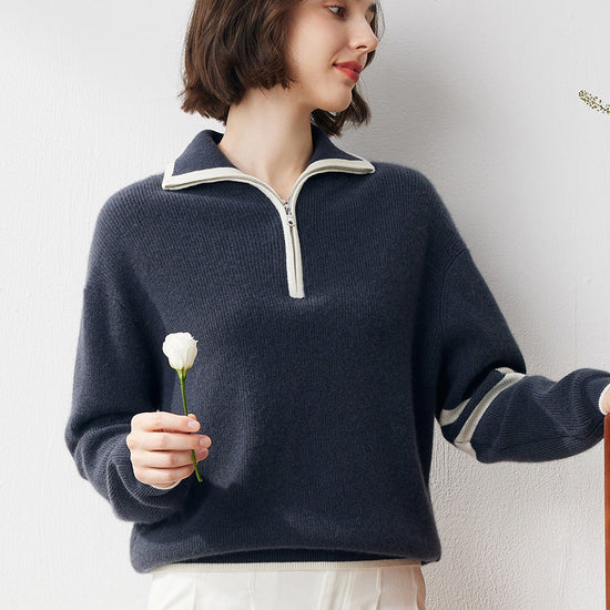 COMOBOCA Navy Blue 100% Cashmere Women's Contrast Trim Zip Sweater