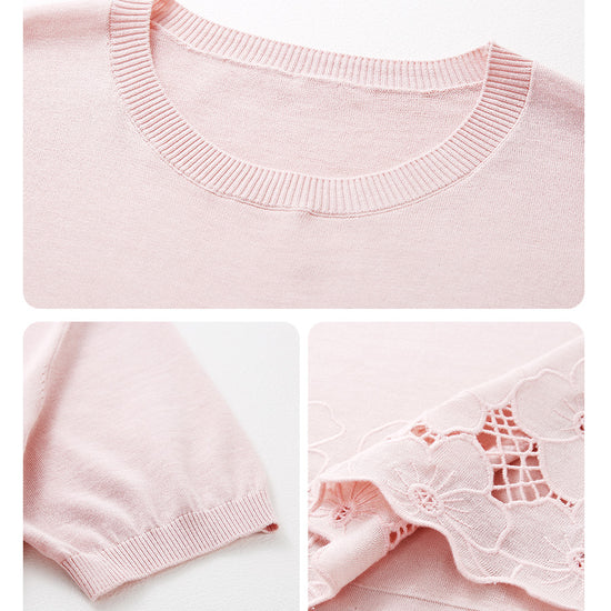 COMOBOCA Women's Floral Lace Trim Knit T-Shirt