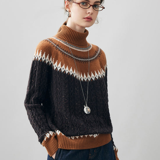 COMOBOCA 100% Cashmere Women's Cable Fair Isle Turtleneck Sweater