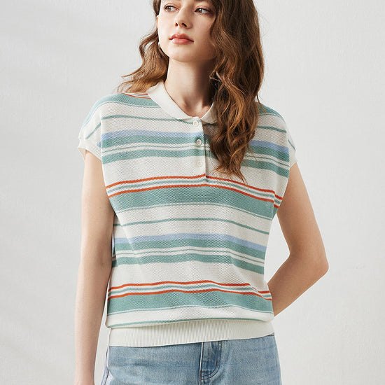 COMOBOCA White Women's Striped Knit Polo T-Shirt