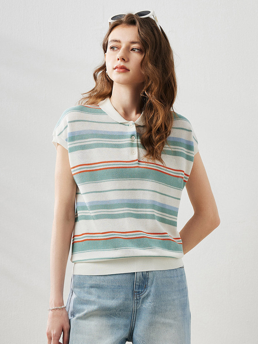 COMOBOCA White Women's Striped Knit Polo T-Shirt