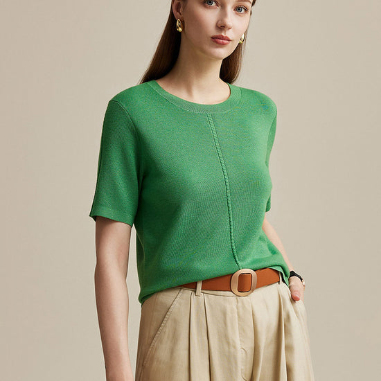 COMOBOCA Green Women's Wool Worsted Center Seam Knit T-shirt