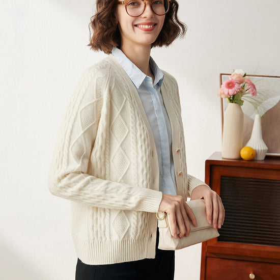 COMOBOCA 100% Cashmere Women's V-Neck Cable Knit Cardigan