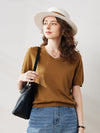COMOBOCA Brown Women's V-Neck Knit T-Shirt