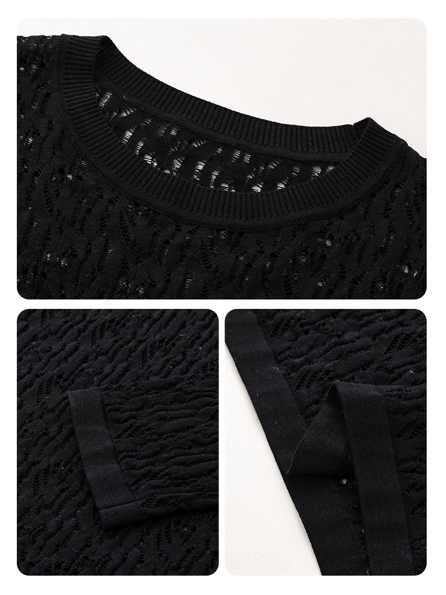 COMOBOCA Women's Openwork Round Neck Knit Sweater