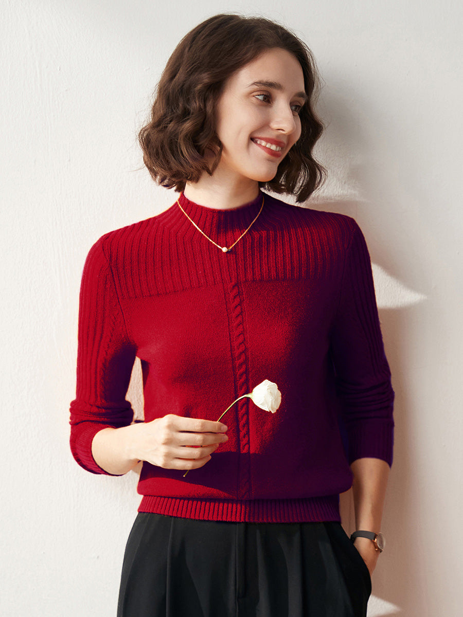 COMOBOCA RED 100% Cashmere Women's Mock Neck Cable Knit Sweater