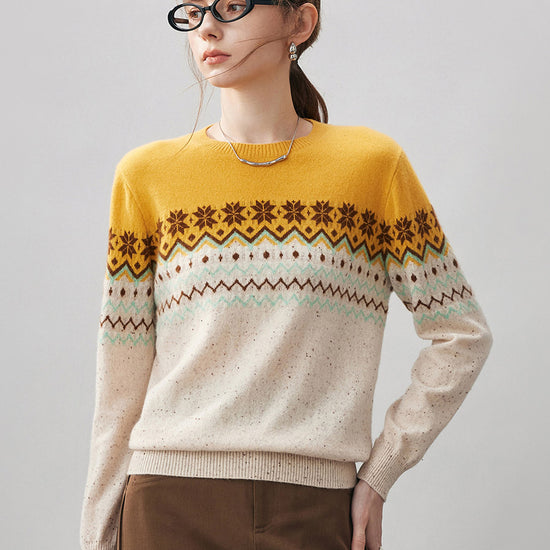 COMOBOCA Beige 100% Cashmere Women's Fair Isle Round Neck Knit Sweater