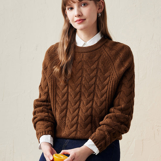 COMOBOCA Brown 100% Wool Women's Cozy Cable Knit Sweater