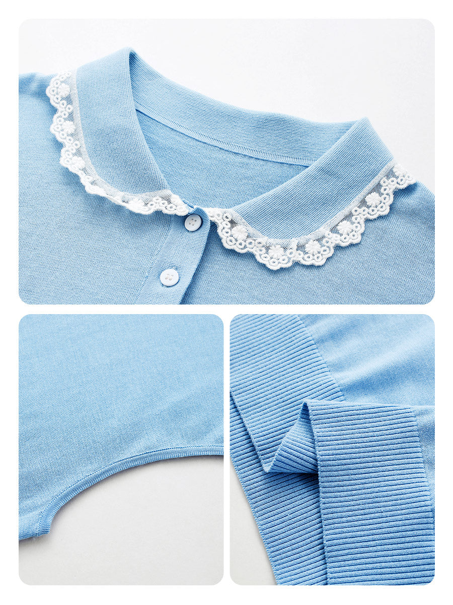 COMOBOCA Women's Lace Trim Collar Knit Polo T-Shirt