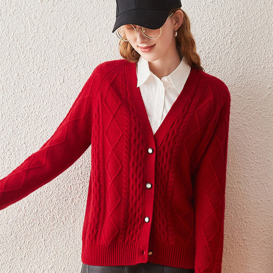 COMOBOCA 100% Cashmere Women's V-Neck Cable Knit Cardigan