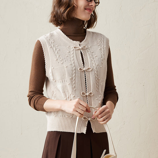 COMOBOCA Beige 100% Cashmere Women's Bow Detailing Cable Knit Vest
