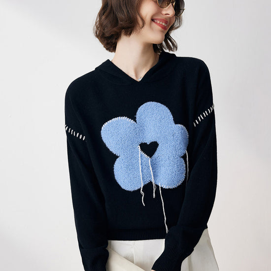 COMOBOCA 100% Cashmere Women's Flower Embroidered Hoodie