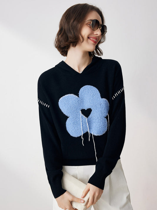 COMOBOCA 100% Cashmere Women's Flower Embroidered Hoodie