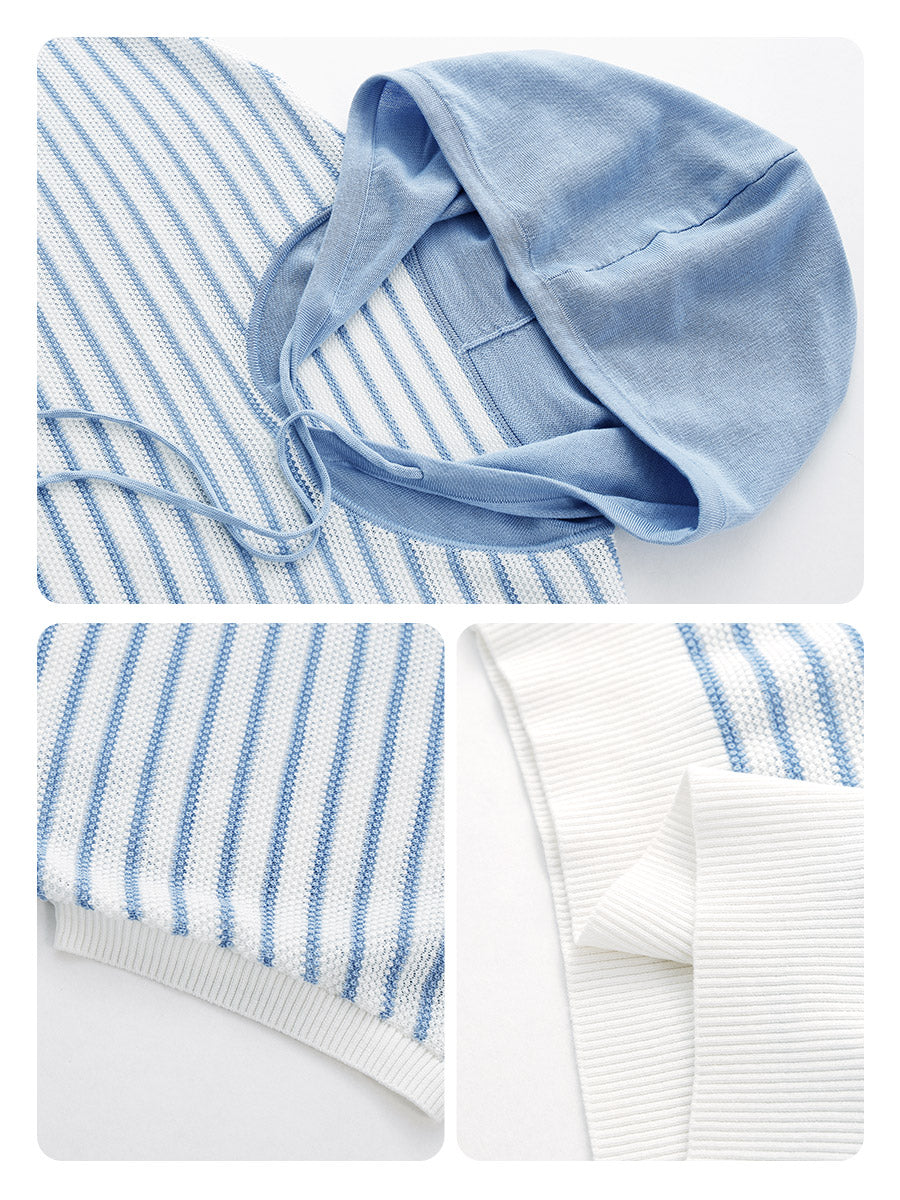 COMOBOCA Women's Striped Contrast Hooded Knit T-Shirt