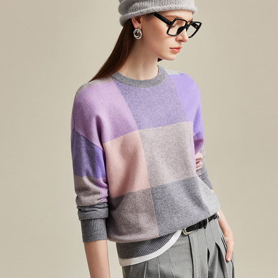 COMOBOCA 100% Cashmere Women's Color Block Plaid Sweater