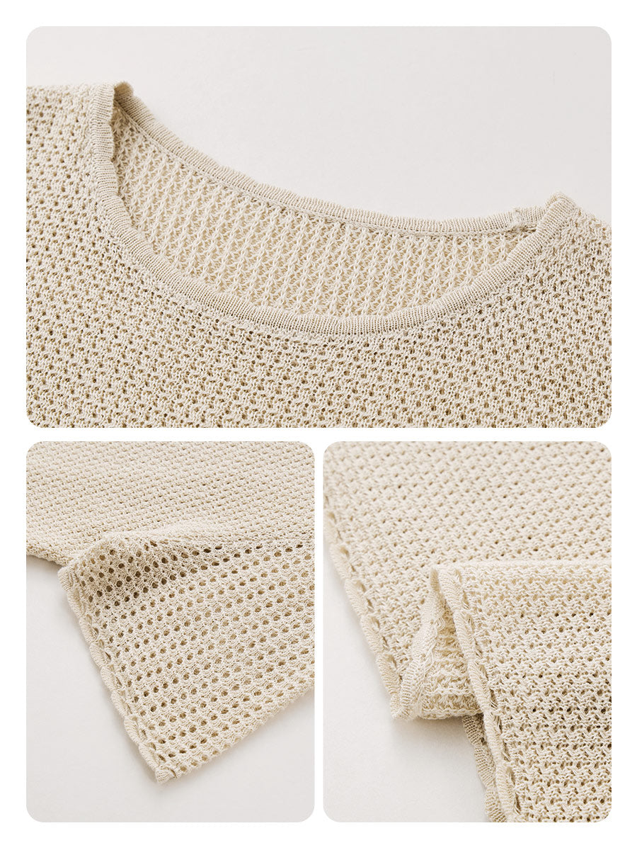 COMOBOCA Women's Openwork Round Neck Knit T-Shirt