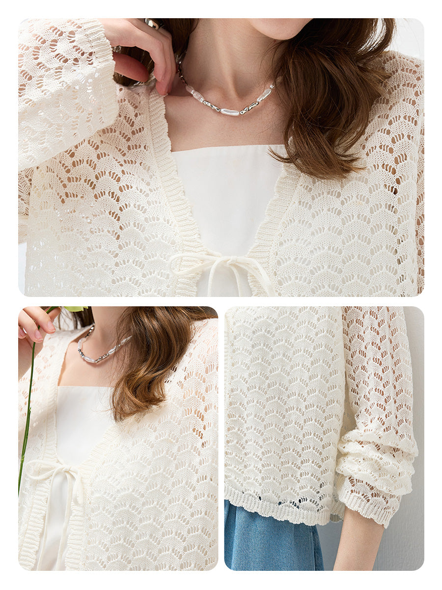 COMOBOCA Women's Linen Lace Knit Tie Front Cardigan