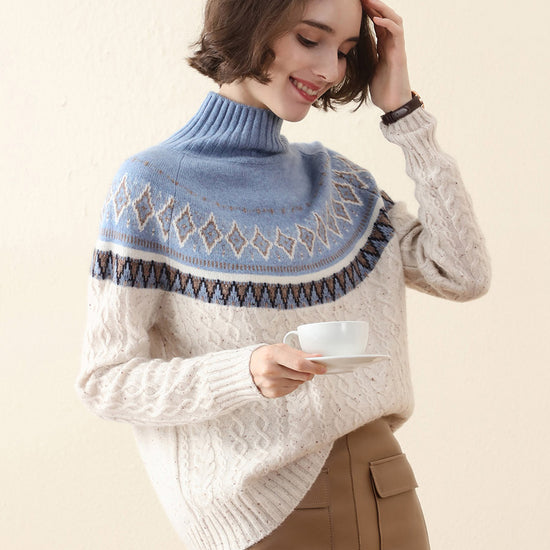 COMOBOCA Geometric 100% Cashmere Women's Mock Neck Fair Isle Cable Knit Sweater