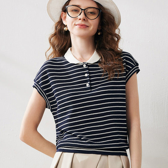 COMOBOCA Navy Blue Women's Cotton Silk Striped Knit Polo Shirt