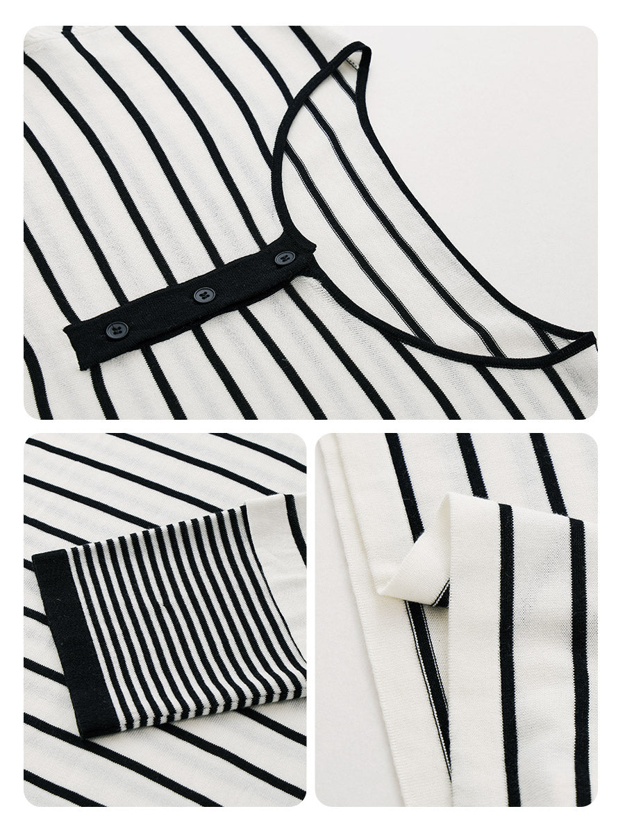 COMOBOCA Women's Stripe Henley Round Neck Sweater