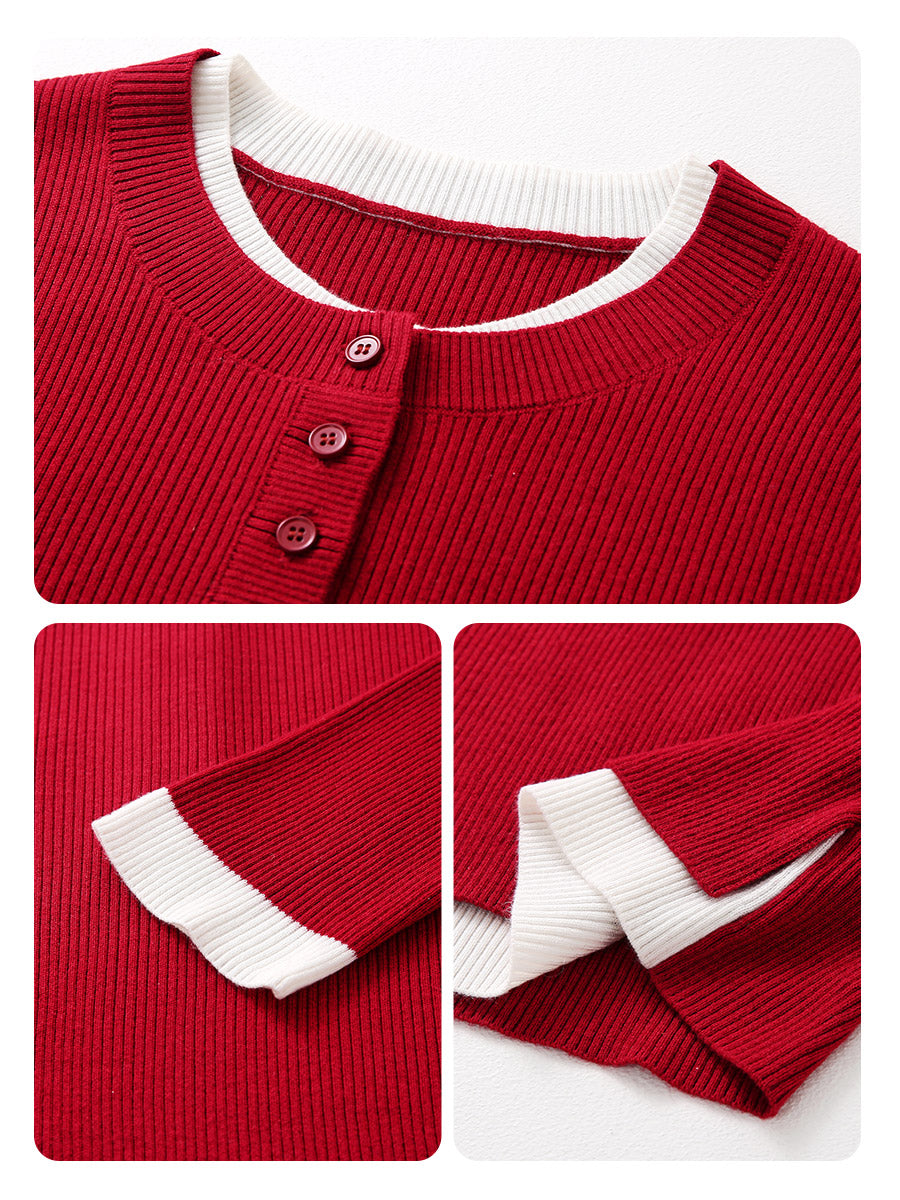 COMOBOCA Women's Ribbed Contrast Trim Henley Knit Sweater