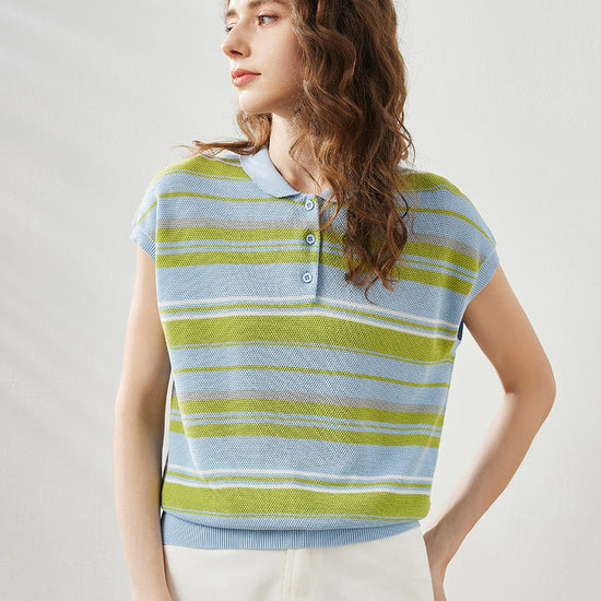 COMOBOCA Women's Striped Knit Polo T-Shirt