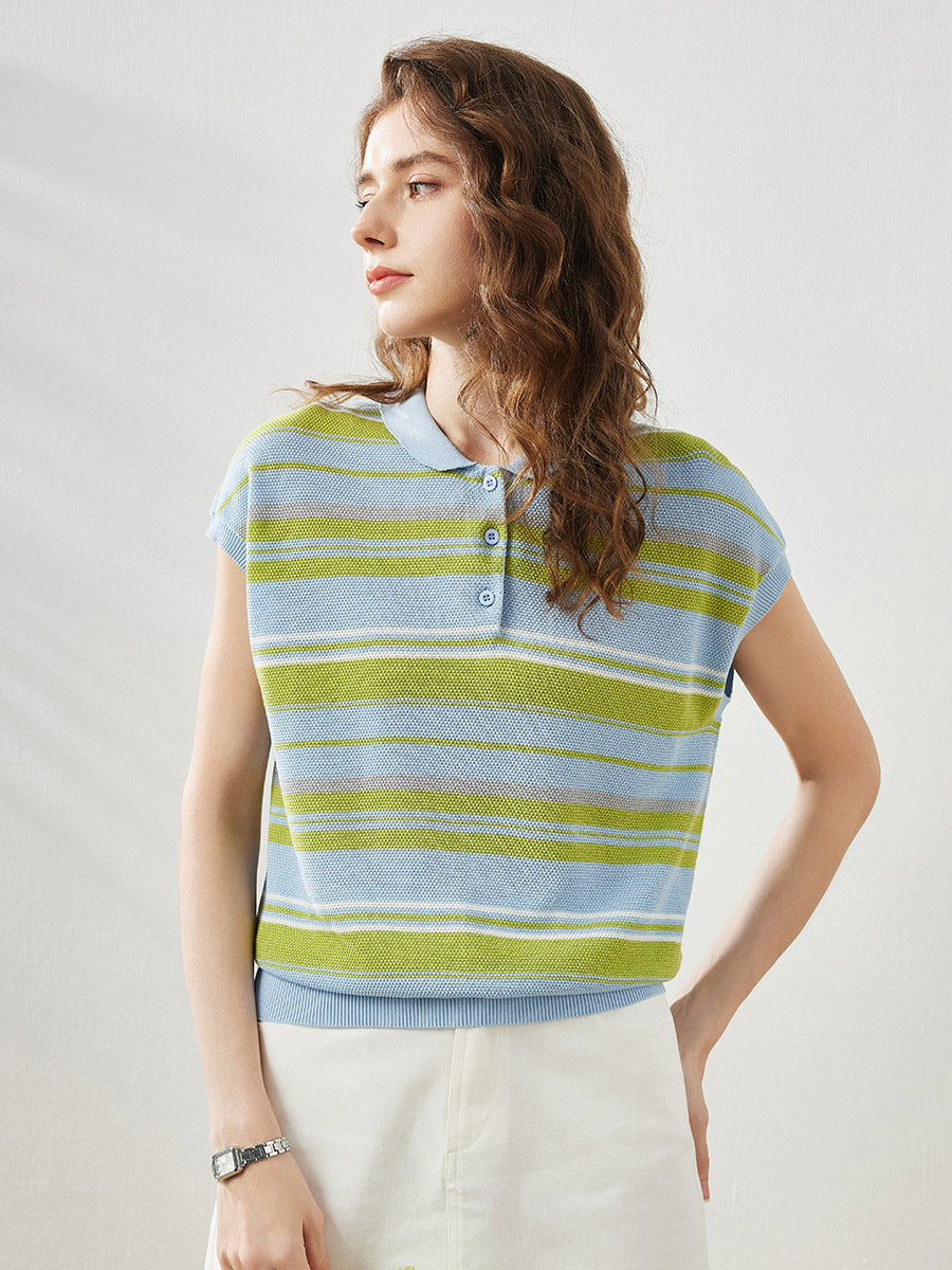 COMOBOCA Women's Striped Knit Polo T-Shirt