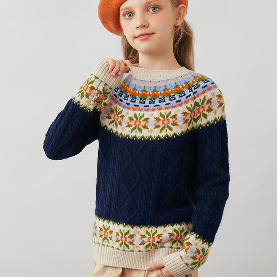 COMOBOCA 100% Wool Kids' Cable Fair Isle Round Neck Sweater