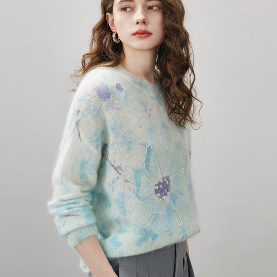 COMOBOCA Women's Floral Printed Round Neck Sweater