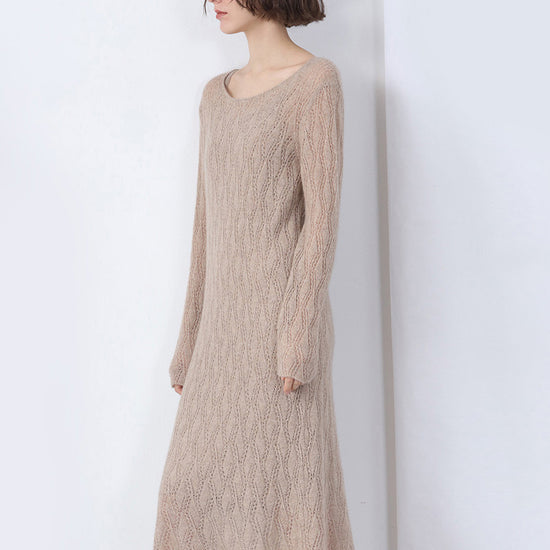 COMOBOCA Camel 100% Cashmere Women's Cable Knit Sweater Dress
