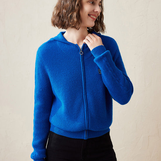 COMOBOCA Blue 100% Cashmere Women's Ribbed Zip Knit Cardigan Hoodie