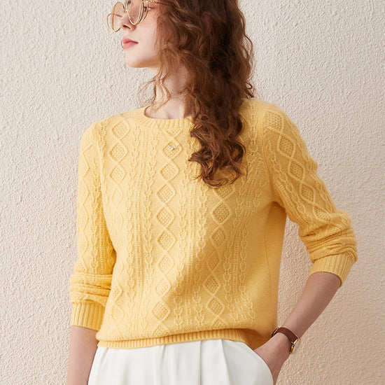 COMOBOCA Yellow 100% Wool Women's Cable Knit Sweater