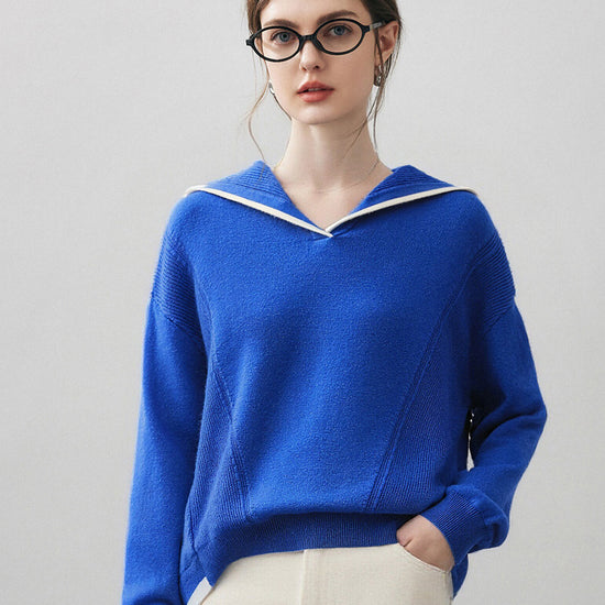 COMOBOCA Blue 100% Cashmere Women's Sailor Collar Sweater