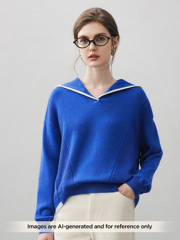 COMOBOCA Blue 100% Cashmere Women's Sailor Collar Sweater