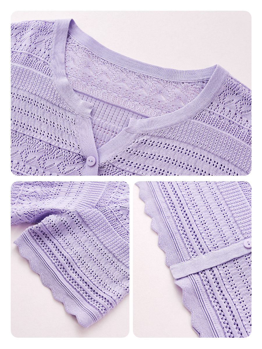 COMOBOCA Women's Scalloped Hem Openwork Knit Cardigan
