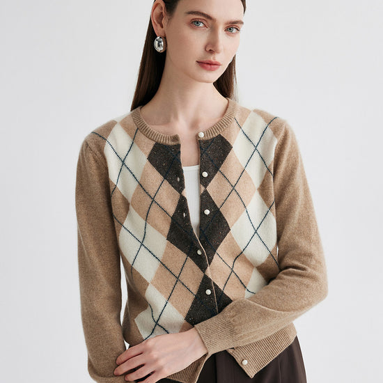 COMOBOCA 100% Cashmere Women's Argyle Pattern Cardigan