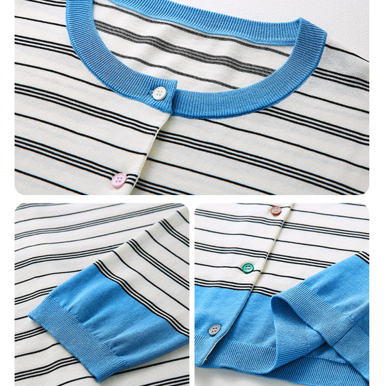 COMOBOCA Women's Striped Color Block Button Front Cardigan